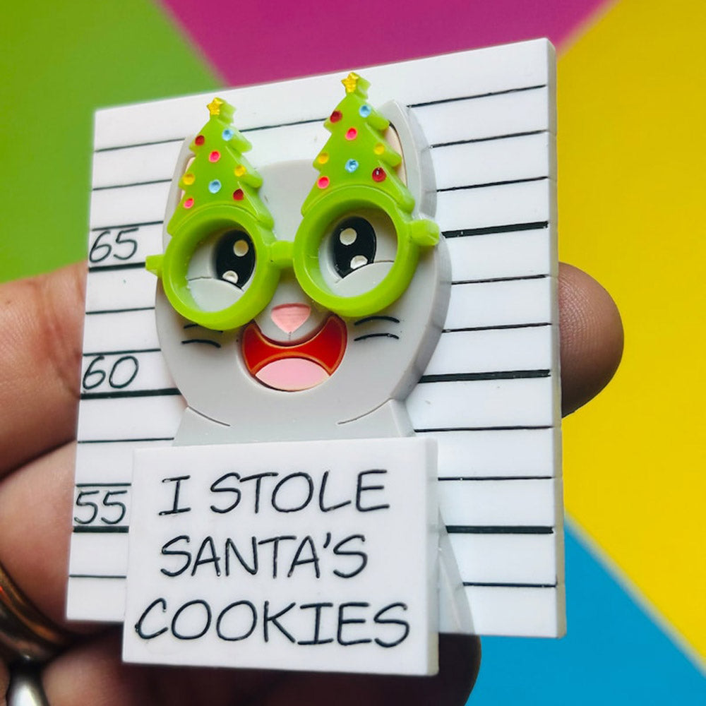 Meowy Christmas Collection - "I Stole Santa's Cookies" Grey Cat Acrylic Brooch by Makokot Design