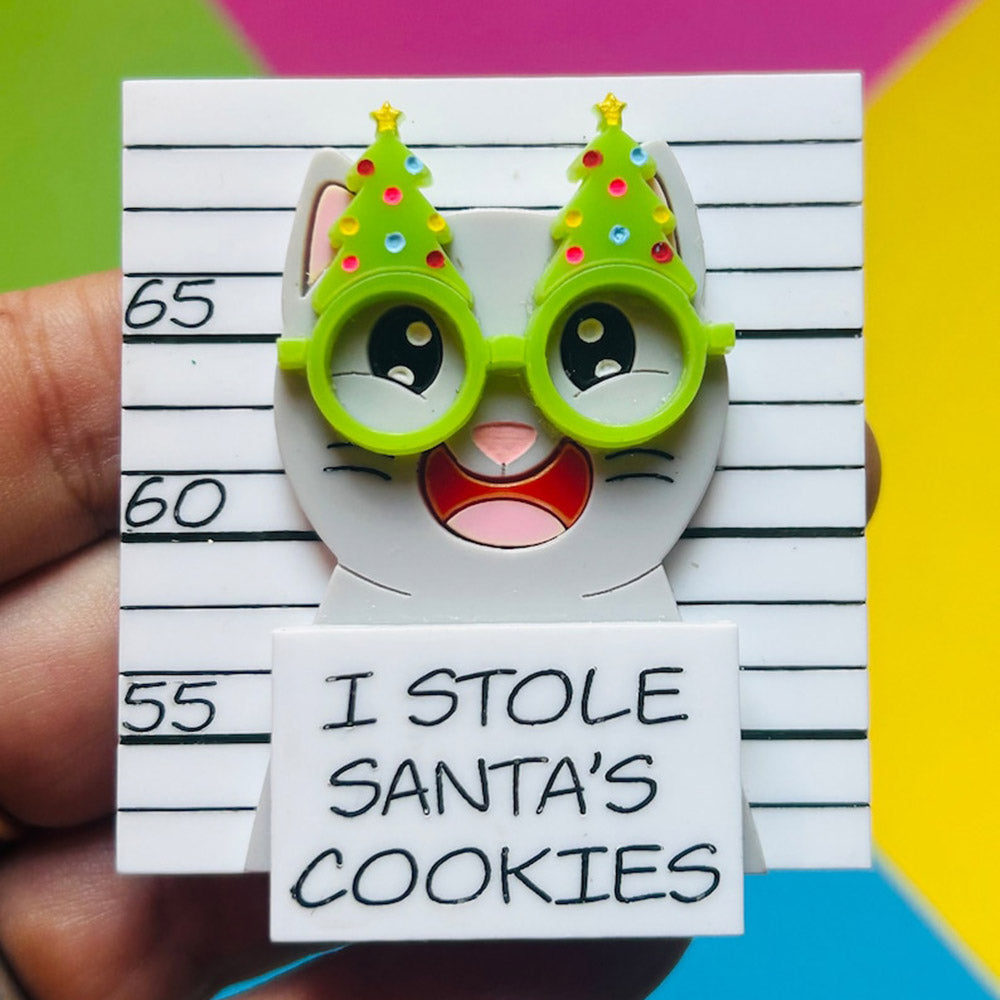 Meowy Christmas Collection - "I Stole Santa's Cookies" Grey Cat Acrylic Brooch by Makokot Design