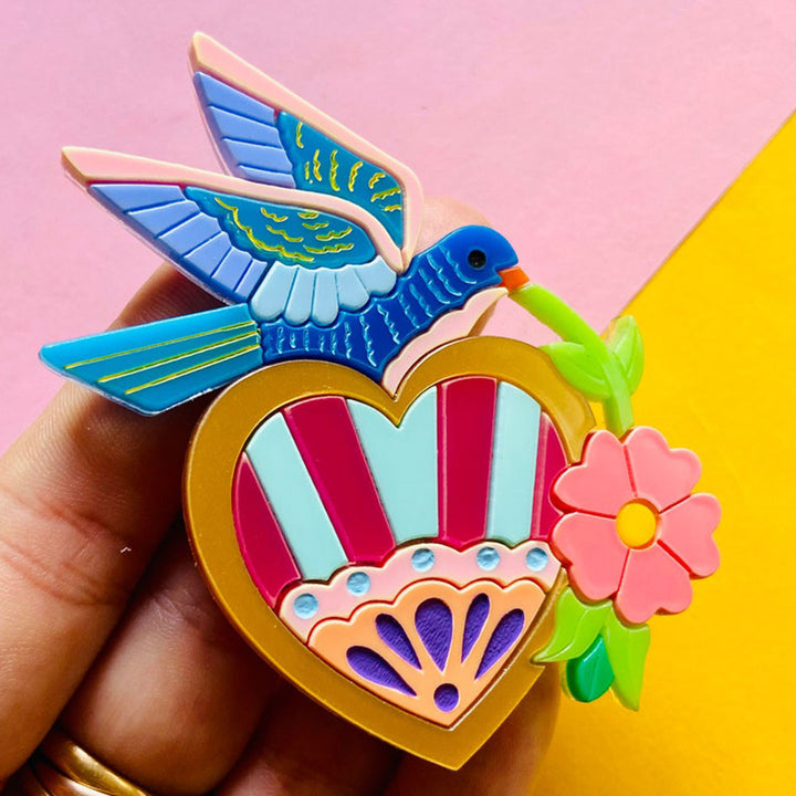 Mexican Folk Art Collection - Milagros with Bird Acrylic Brooch by Makokot Design