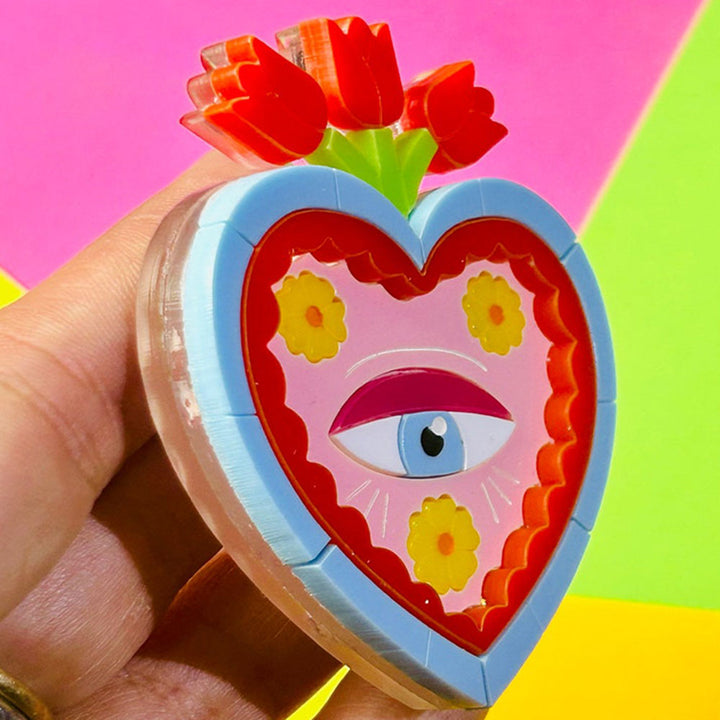Mexican Folk Art Collection - Milagros with Eye and Red Tulips Acrylic Brooch + Stud Earrings by Makokot Design