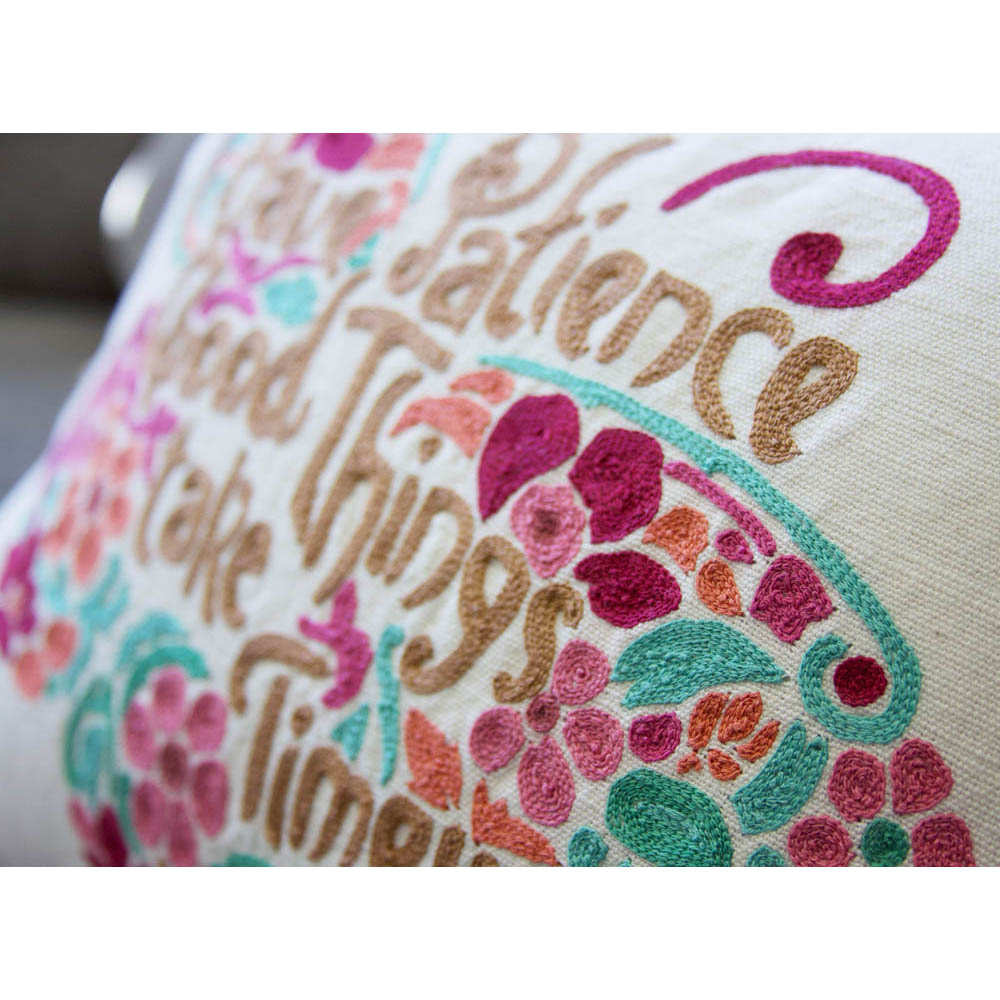 Patience Butterfly Love Letters Hand-Embroidered Pillow - Available in Pink or Blue by CatStudio