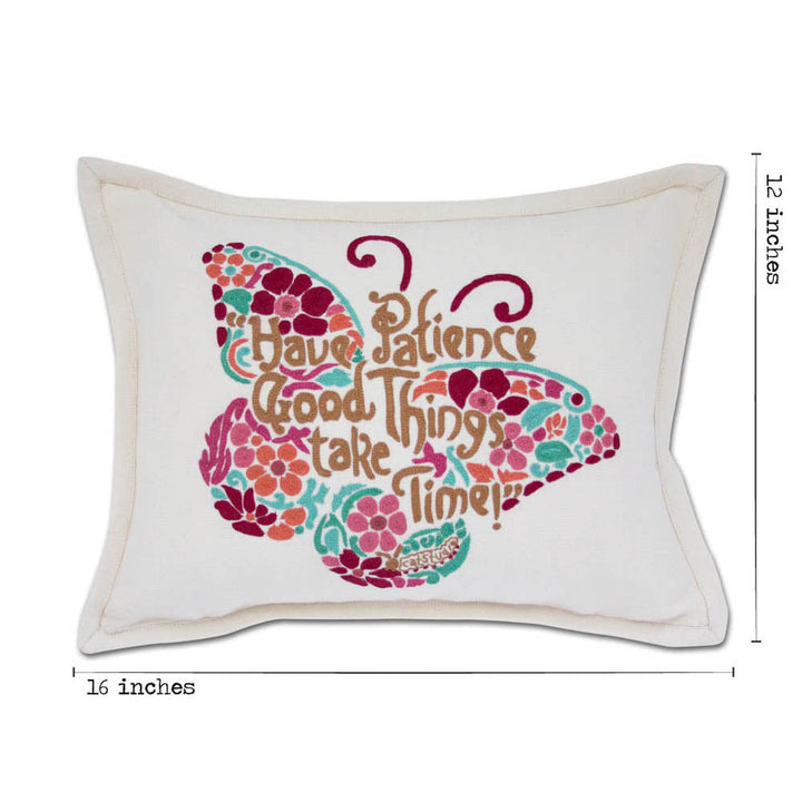 Patience Butterfly Love Letters Hand-Embroidered Pillow - Available in Pink or Blue by CatStudio