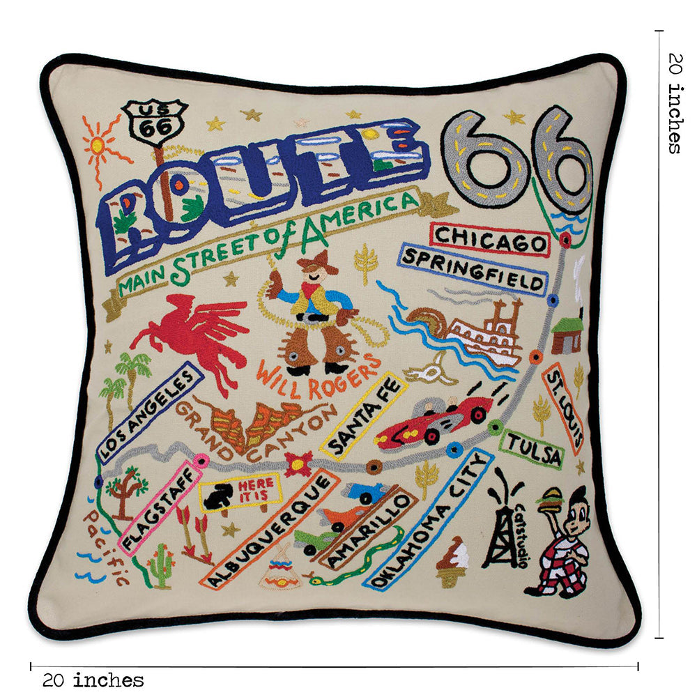 Route 66 Hand-Embroidered Pillow