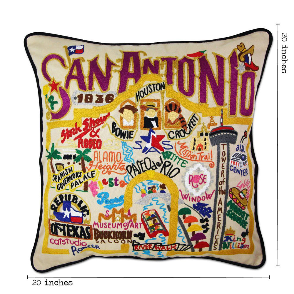 San Antonio, TX Hand-Embroidered Pillow