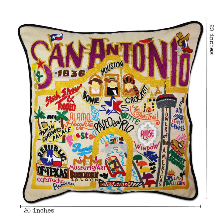 San Antonio, TX Hand-Embroidered Pillow