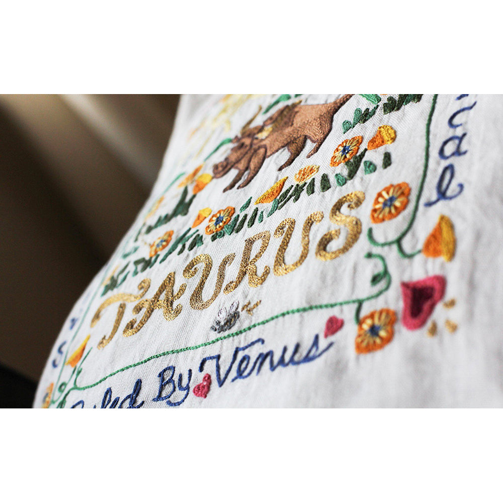 Taurus Astrology Hand-Embroidered Pillow by Cat Studio