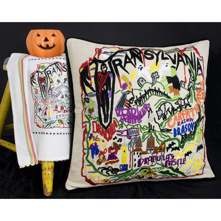 Transylvania Halloween Hand-Embroidered Pillow