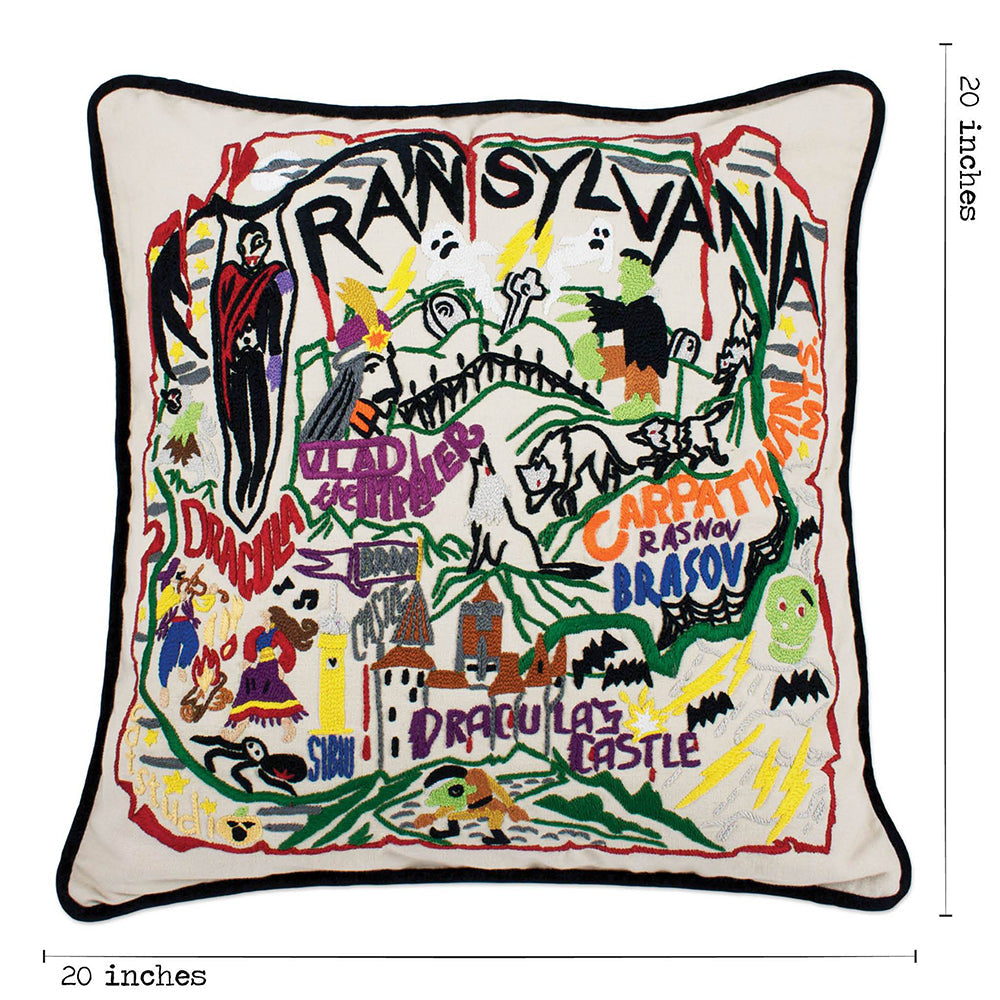 Transylvania Halloween Hand-Embroidered Pillow