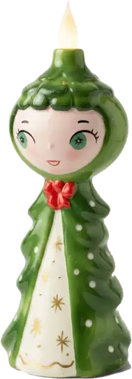 Tree Girl Candle-Lite: green ceramic tree gown, rosy cheeks, red bow, gold stars and a glowing candle